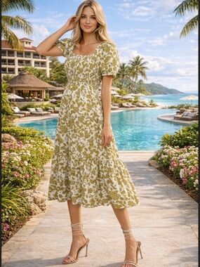 NWT August Sky Floral Smocked Midi Dress Twee Resortwear Vacation Summer